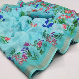 Blue Casual Wear Floral Printed Silk Saree - Peachmode