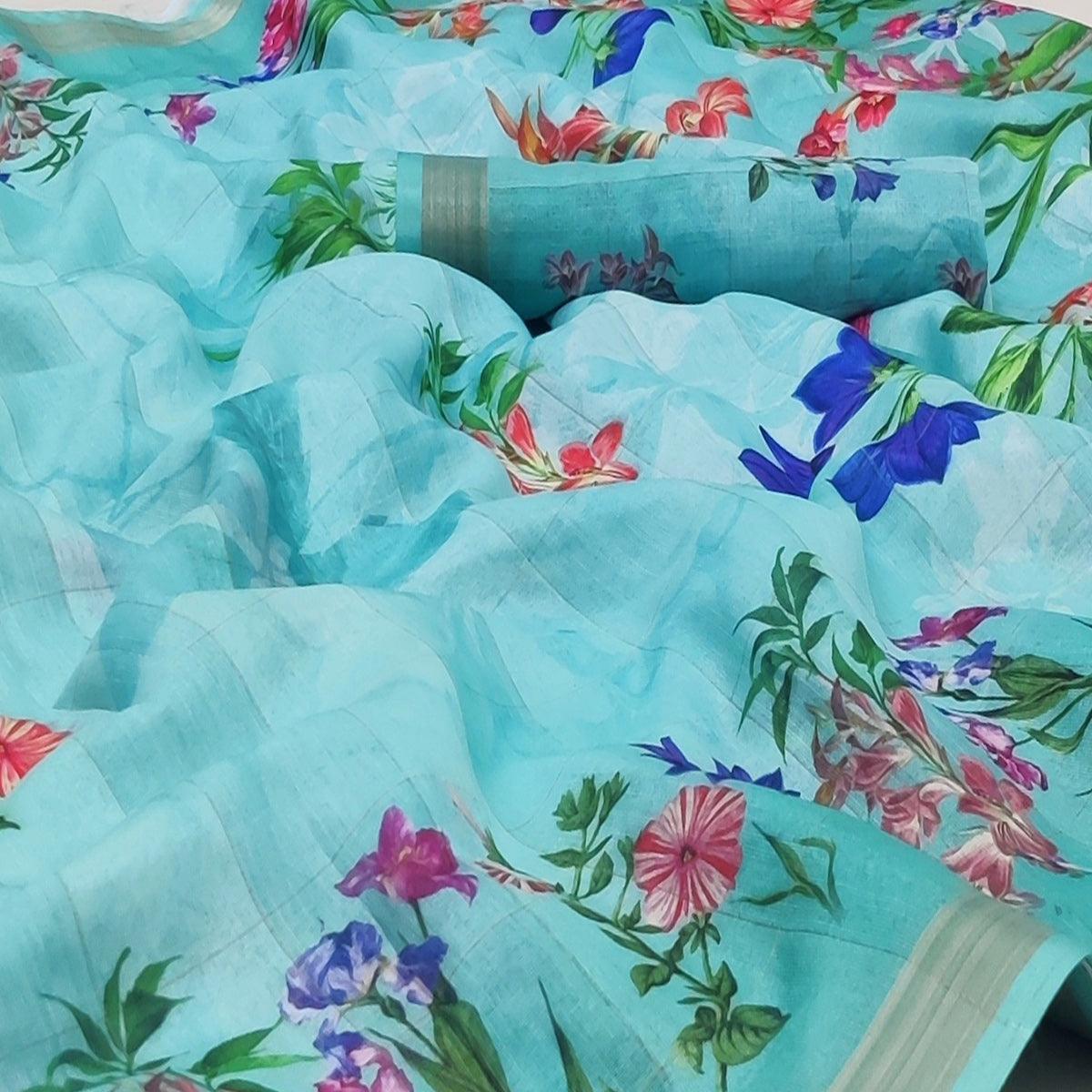 Blue Casual Wear Floral Printed Silk Saree - Peachmode