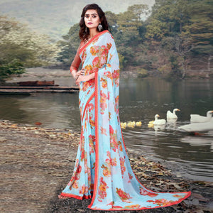 Blue Casual Wear Floral Printed With Lace Border Weightless Georgette Saree - Peachmode