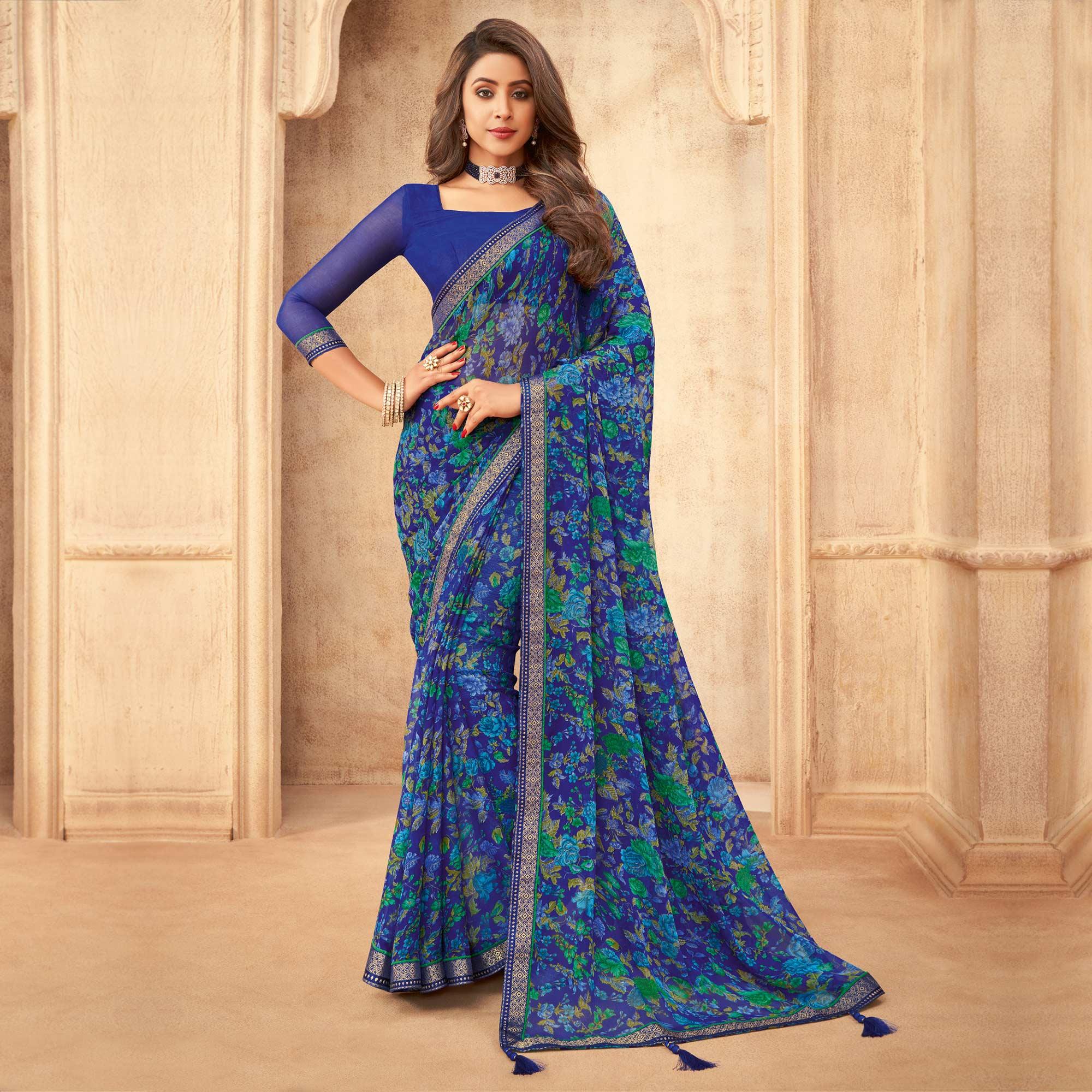 Blue Casual Wear Floral Printed with Tassels Chiffon Saree - Peachmode