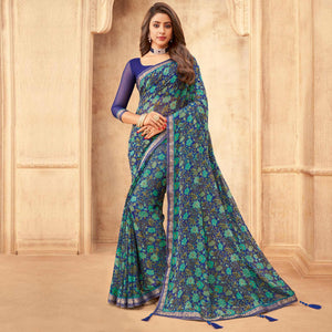 Blue Casual Wear Floral Printed with Tassels Chiffon Saree - Peachmode