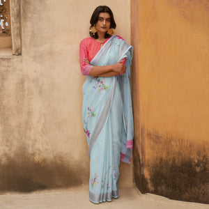 Blue Casual Wear Floral Printed Zari Border Soft Linen Cotton Saree - Peachmode