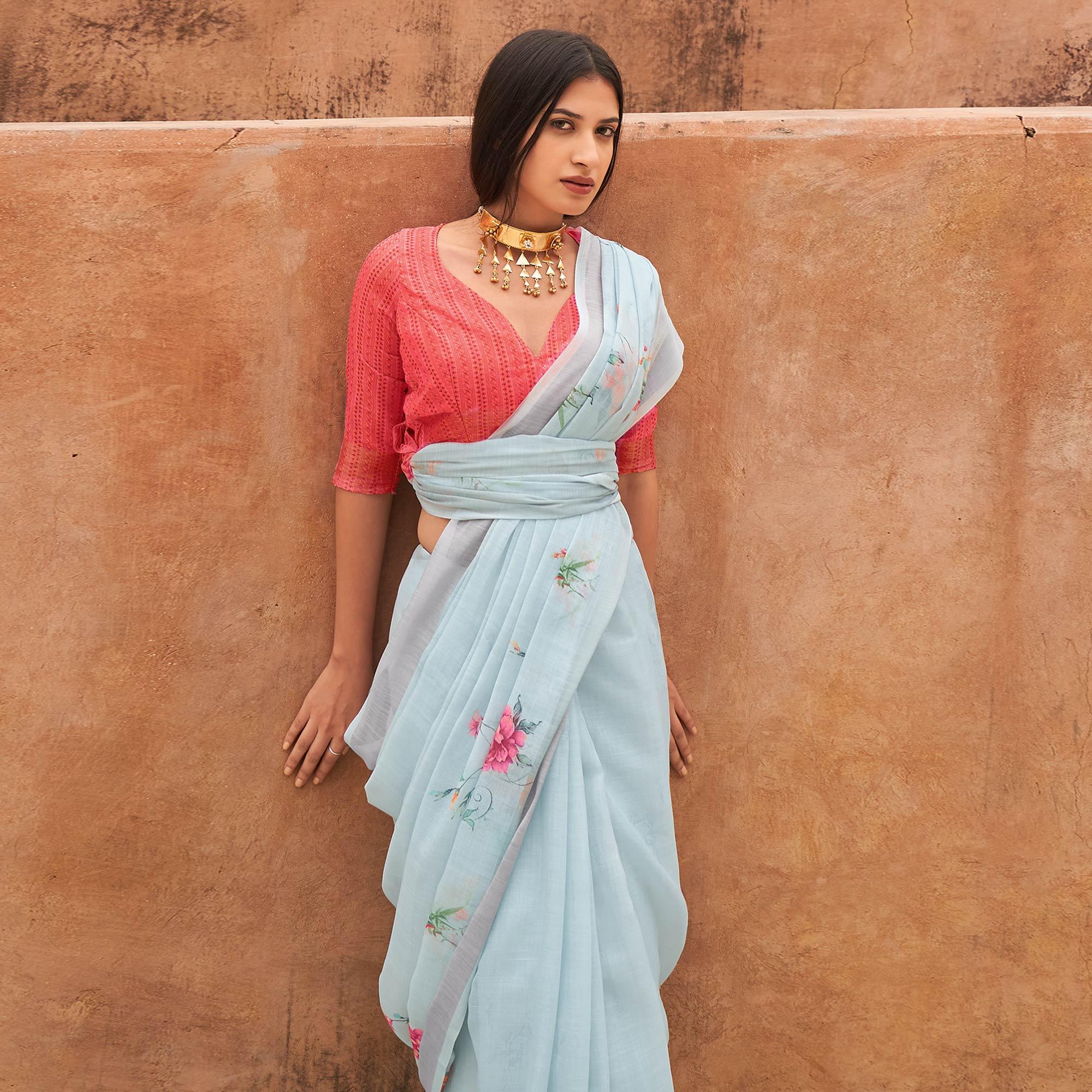 Blue Casual Wear Floral Printed Zari Border Soft Linen Cotton Saree - Peachmode