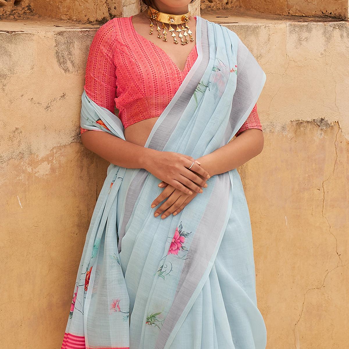 Blue Casual Wear Floral Printed Zari Border Soft Linen Cotton Saree - Peachmode