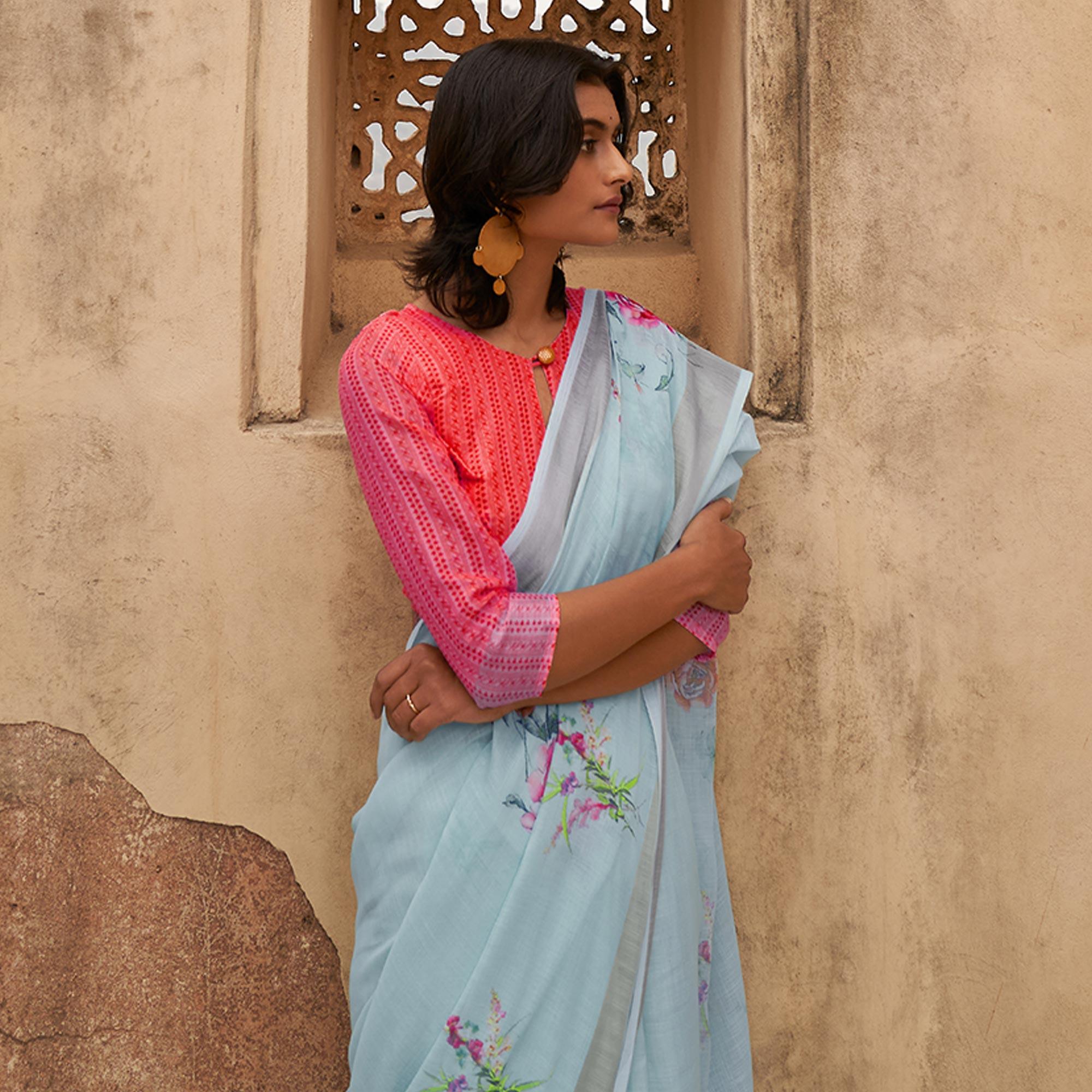 Blue Casual Wear Floral Printed Zari Border Soft Linen Cotton Saree - Peachmode