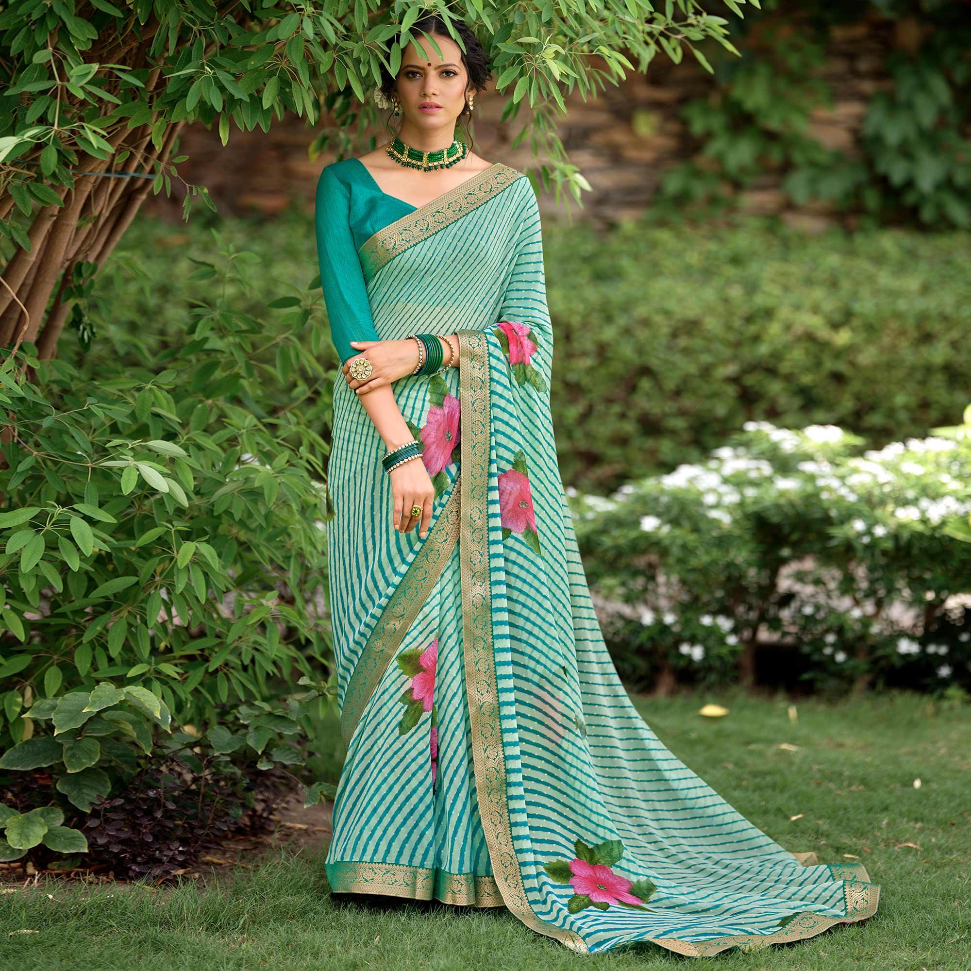 Blue Casual Wear Floral With Striped Printed Georgette Saree - Peachmode
