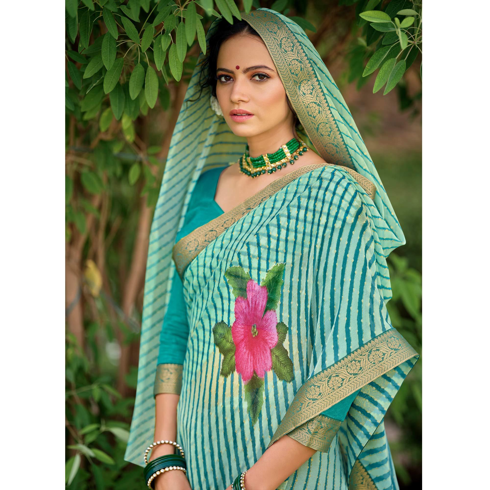 Blue Casual Wear Floral With Striped Printed Georgette Saree - Peachmode