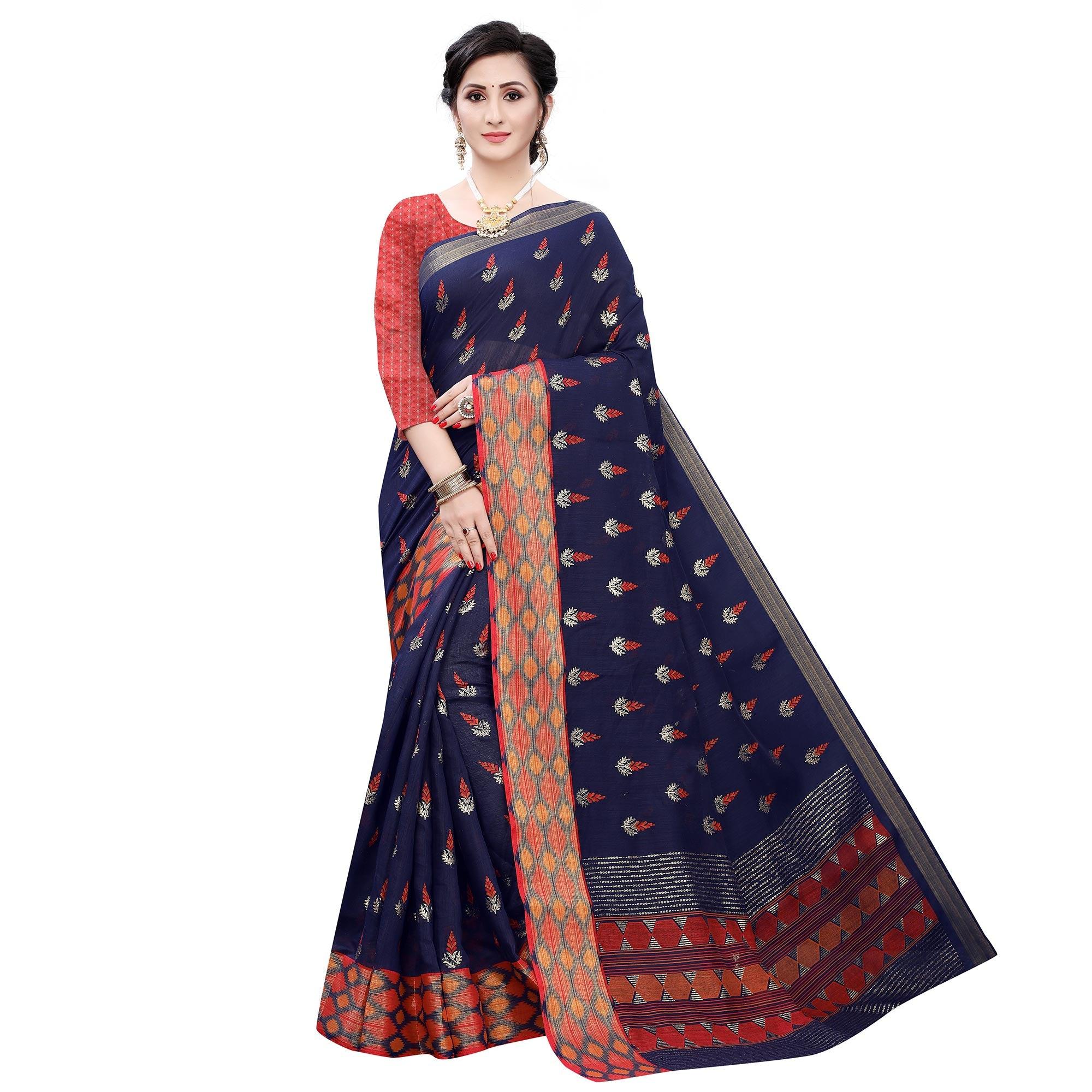 Blue Casual Wear Foil Printed Cotton Silk Saree - Peachmode