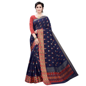 Blue Casual Wear Foil Printed Cotton Silk Saree - Peachmode