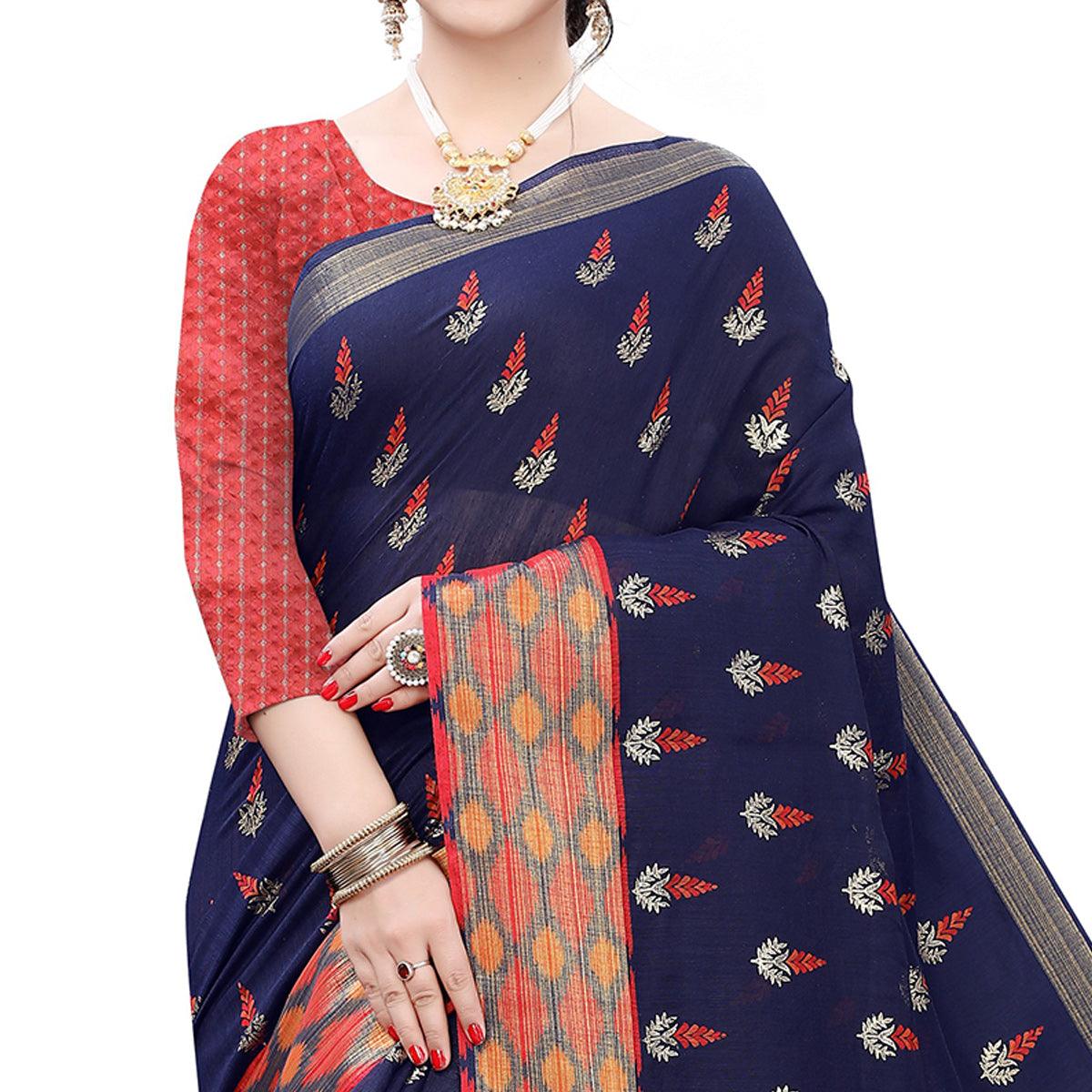Blue Casual Wear Foil Printed Cotton Silk Saree - Peachmode