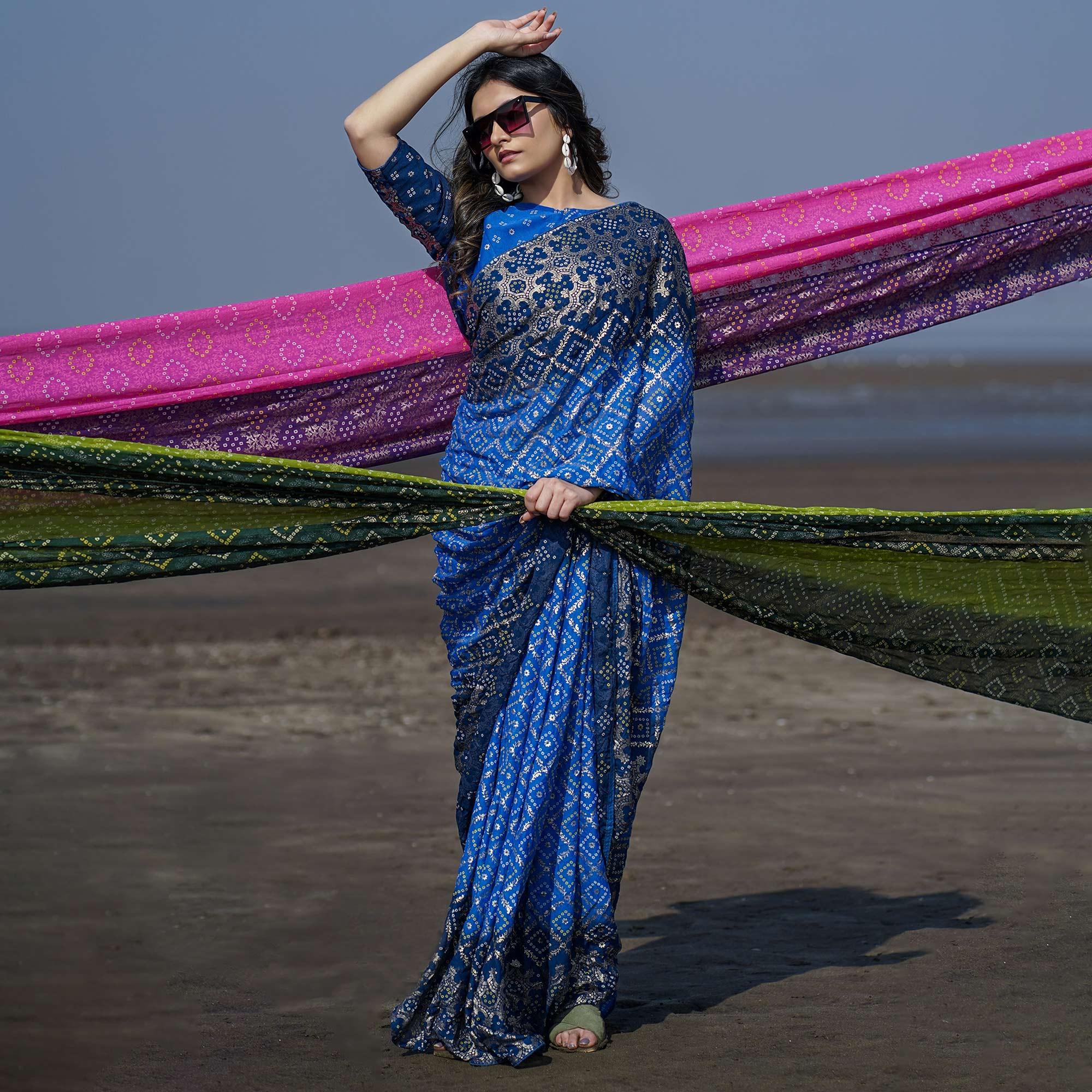 Blue Casual Wear Foil Printed Crepe Saree - Peachmode