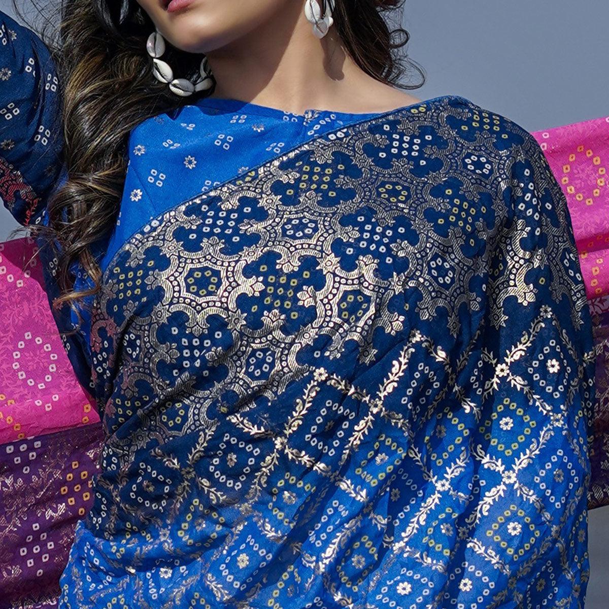 Blue Casual Wear Foil Printed Crepe Saree - Peachmode