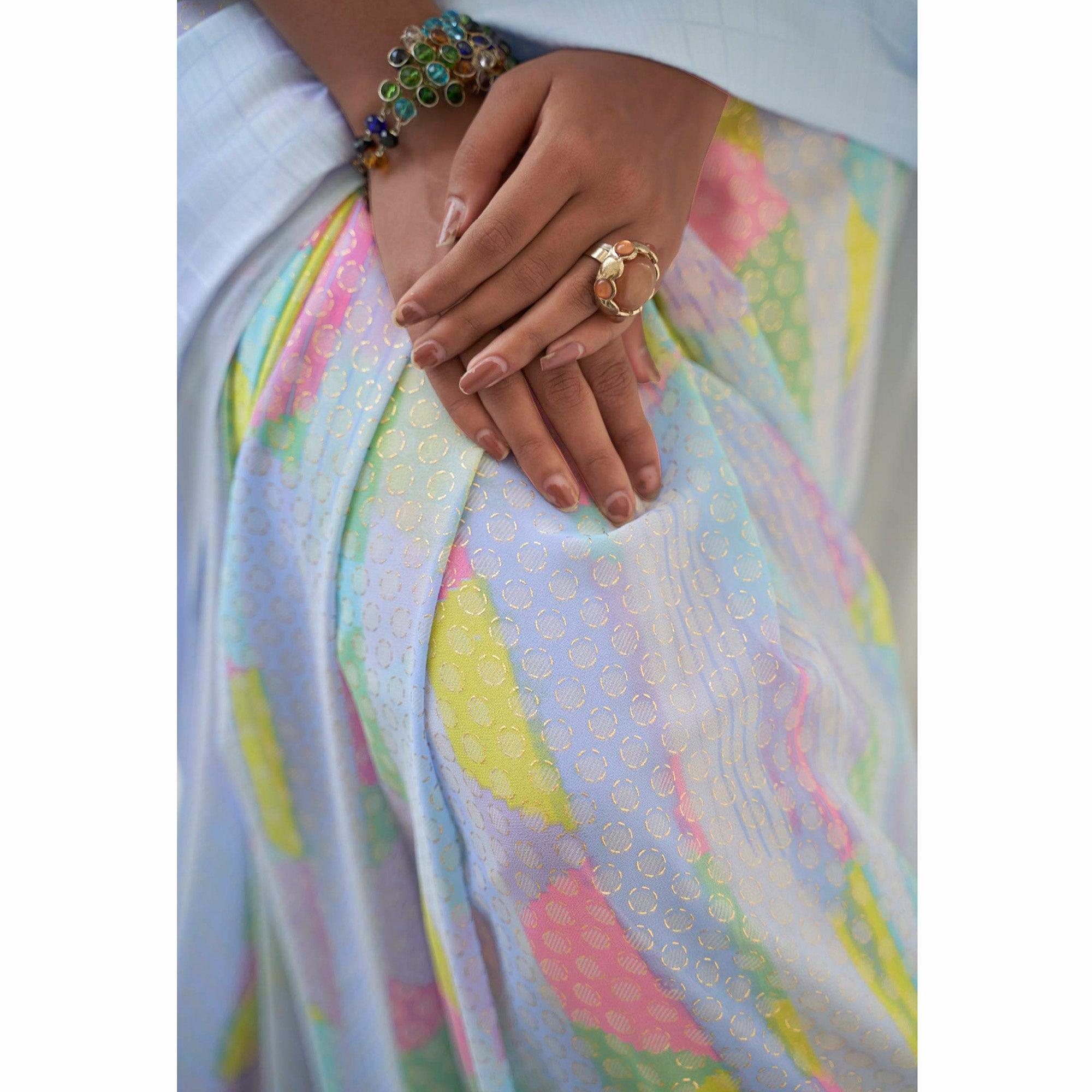 Blue Casual Wear Foil Printed Georgette Saree With Jacquard Border - Peachmode