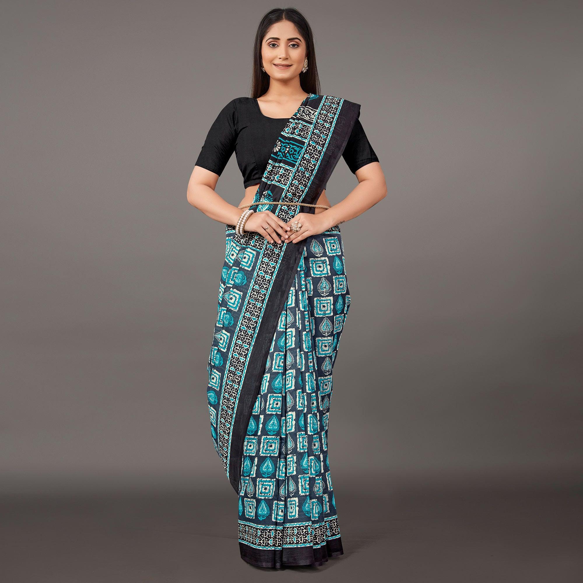 Blue Casual Wear Geometric Printed Art Silk Saree - Peachmode