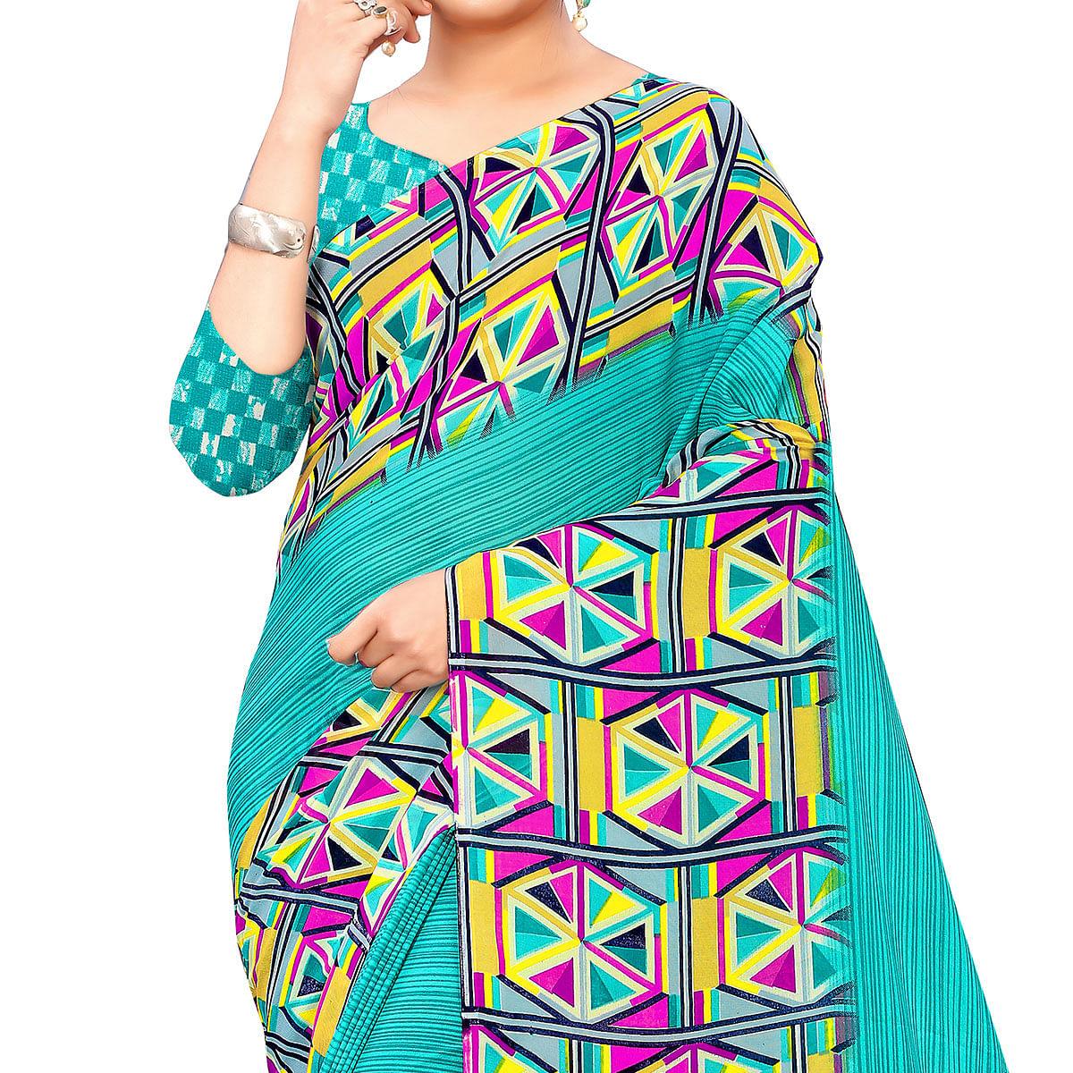 Blue Casual Wear Geometric Printed Georgette Saree - Peachmode