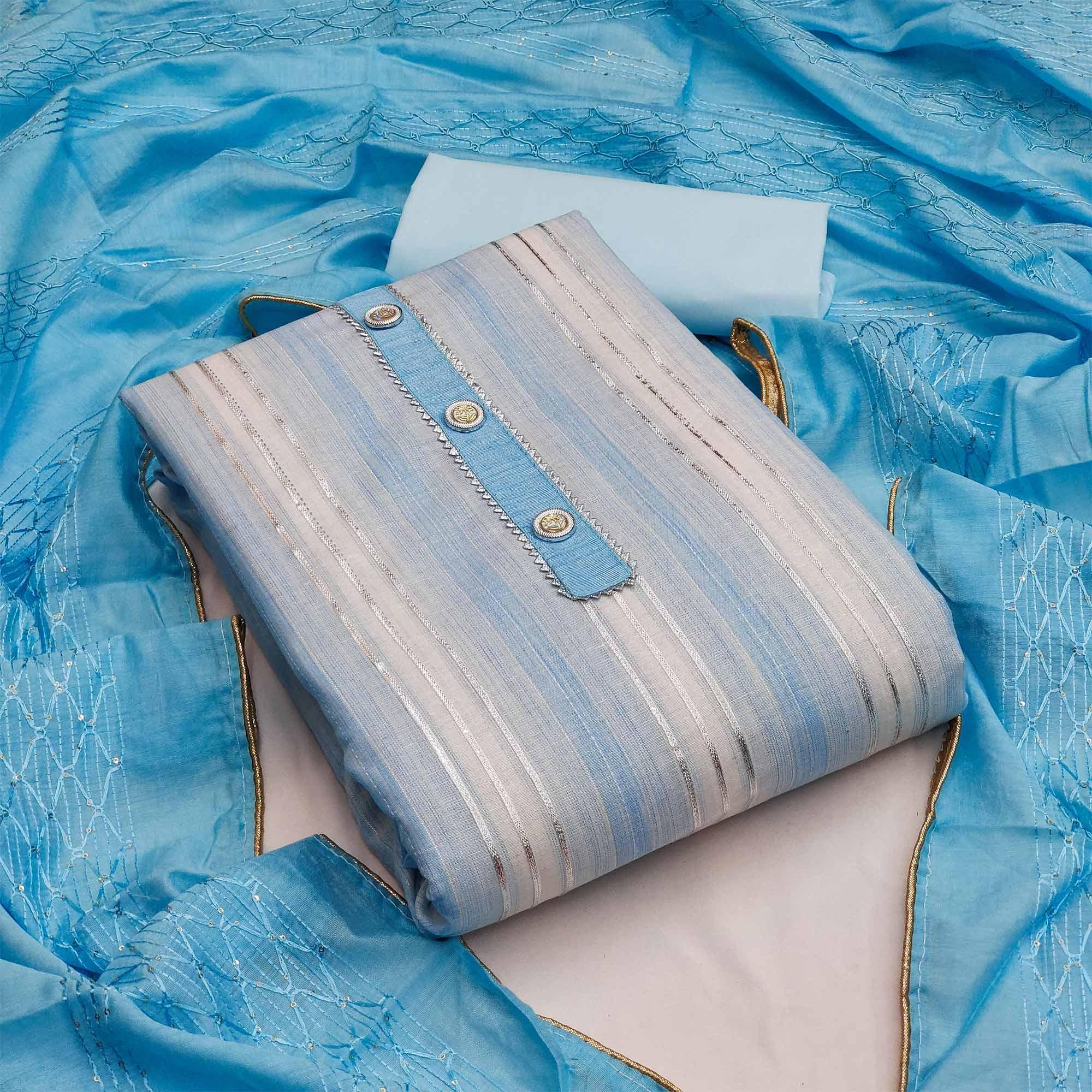 Blue Casual Wear Gota Patti Work Cotton Dress Material - Peachmode