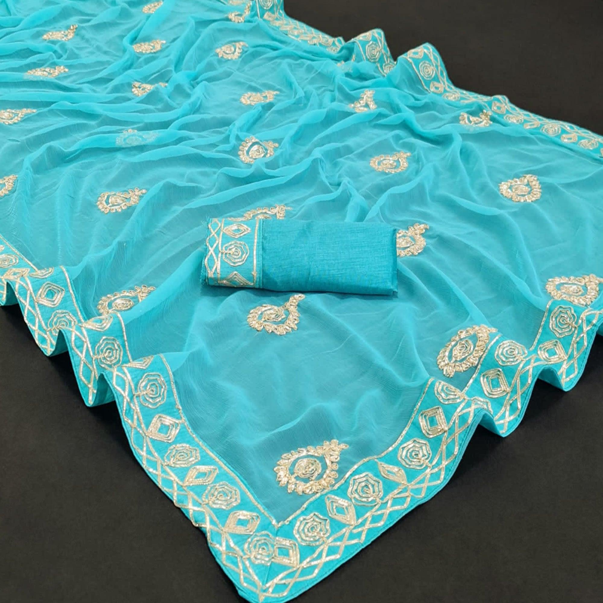 Blue Casual Wear Gotta Patti Work Chiffon Saree - Peachmode