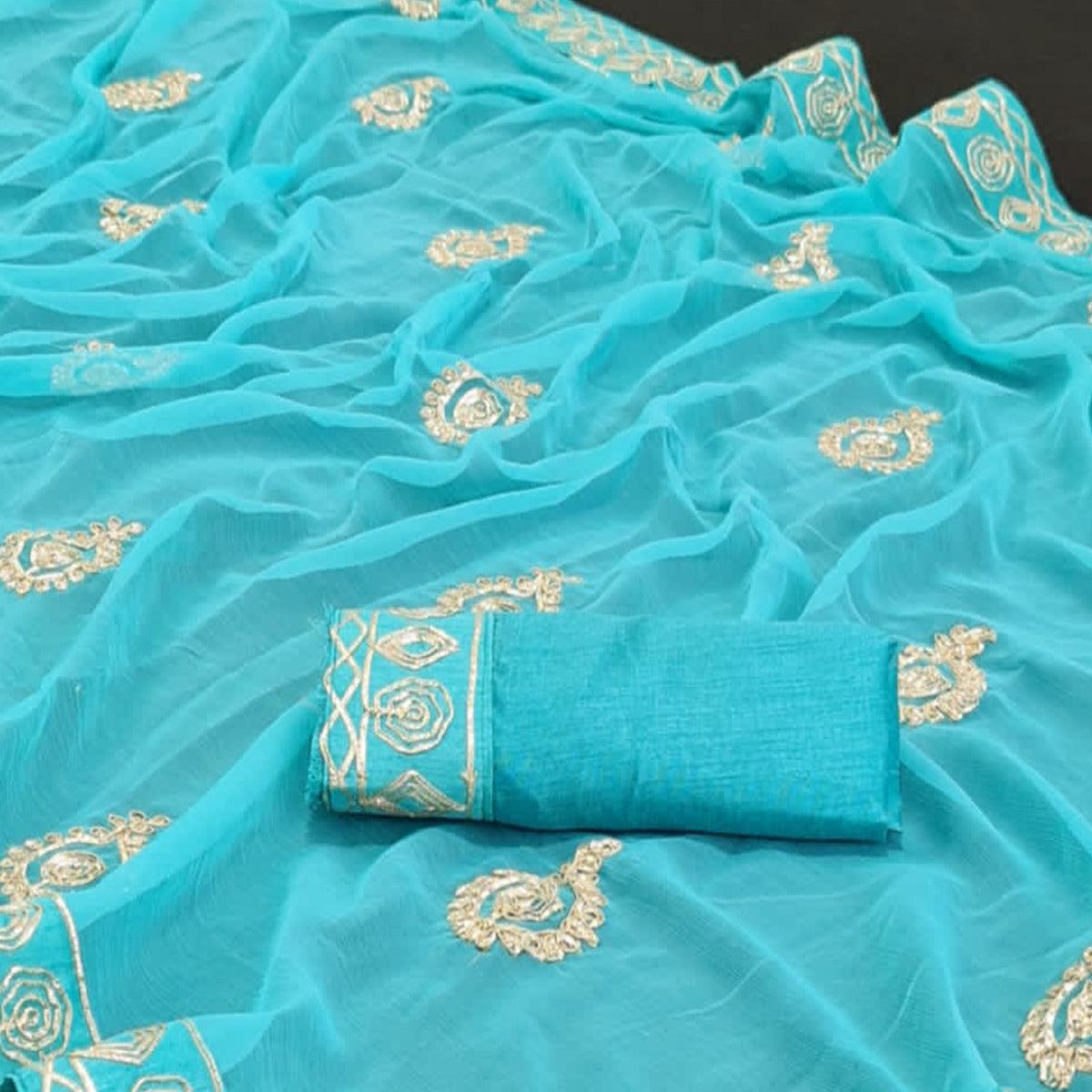 Blue Casual Wear Gotta Patti Work Chiffon Saree - Peachmode