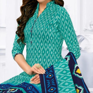 Blue Casual Wear Ikat Printed Cotton Patiala Dress Material - Peachmode