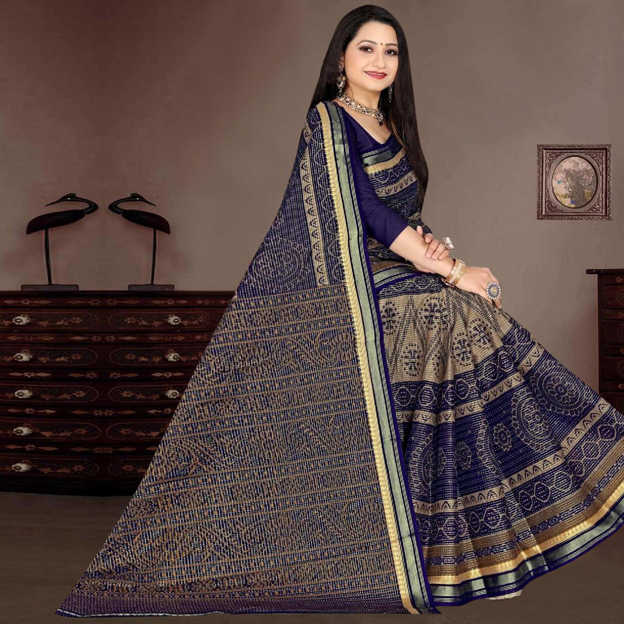 Blue Casual Wear Ikkat Printed Cotton Silk Saree - Peachmode