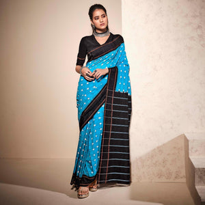 Blue Casual Wear Ikkat Printed Mul Mul Cotton Saree - Peachmode