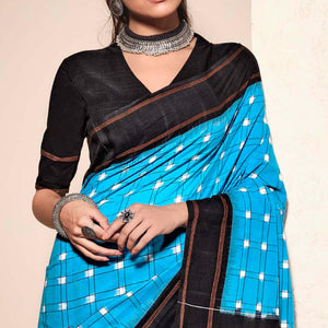 Blue Casual Wear Ikkat Printed Mul Mul Cotton Saree - Peachmode