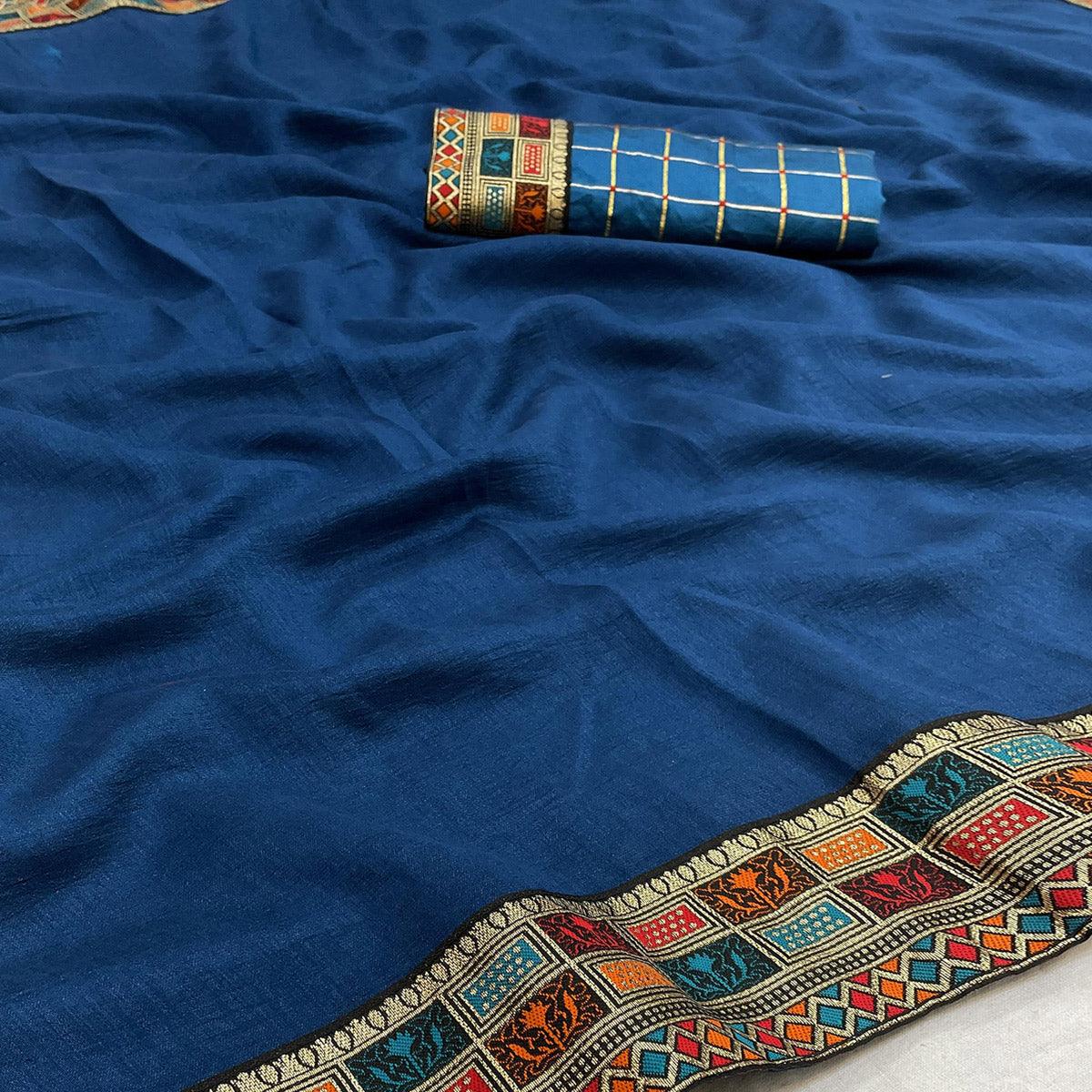 Blue Casual Wear Jacquard Lace Border Silk Saree With Tassels - Peachmode