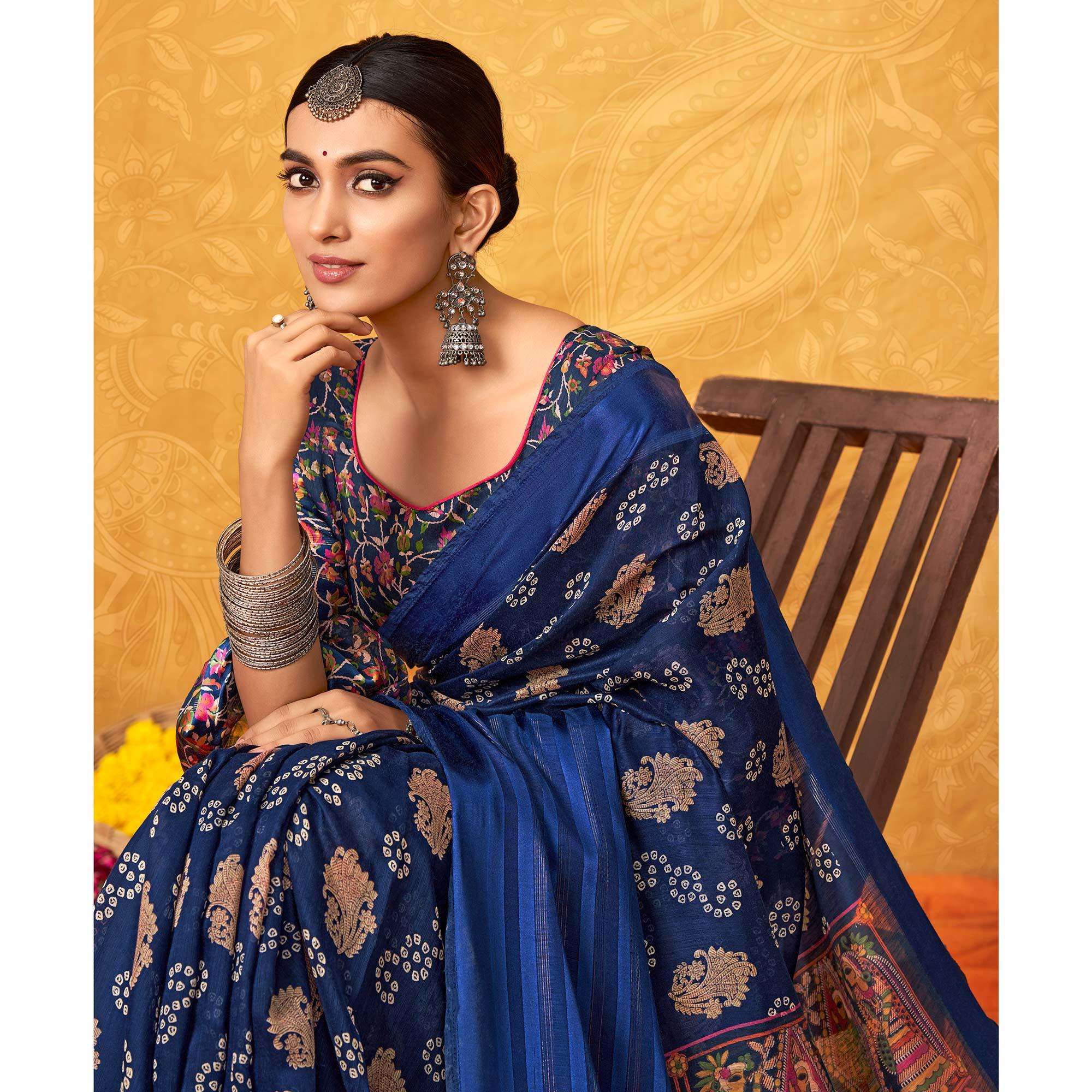 Blue Casual Wear KalamKari Block Printed Cotton Satin Saree - Peachmode
