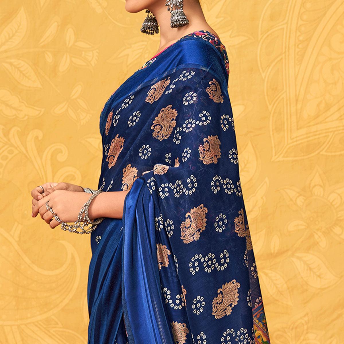 Blue Casual Wear KalamKari Block Printed Cotton Satin Saree - Peachmode
