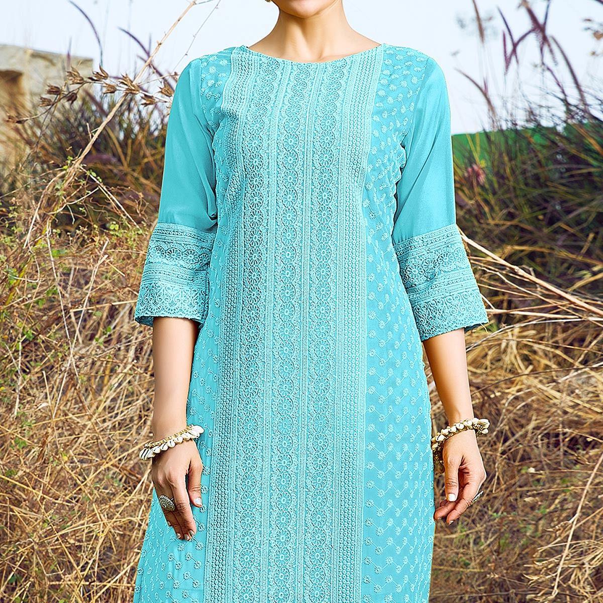 Blue Casual Wear Lucknowi Embroidered Georgette Kurti - Peachmode