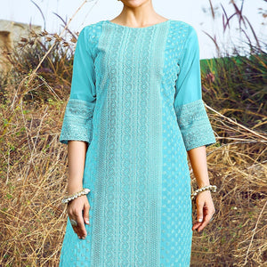 Blue Casual Wear Lucknowi Embroidered Georgette Kurti - Peachmode