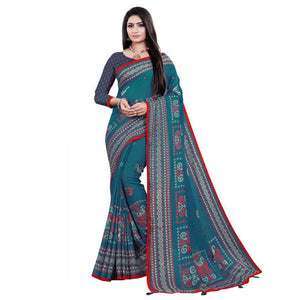 Blue Casual Wear Print With Mirror Work Jute Saree - Peachmode
