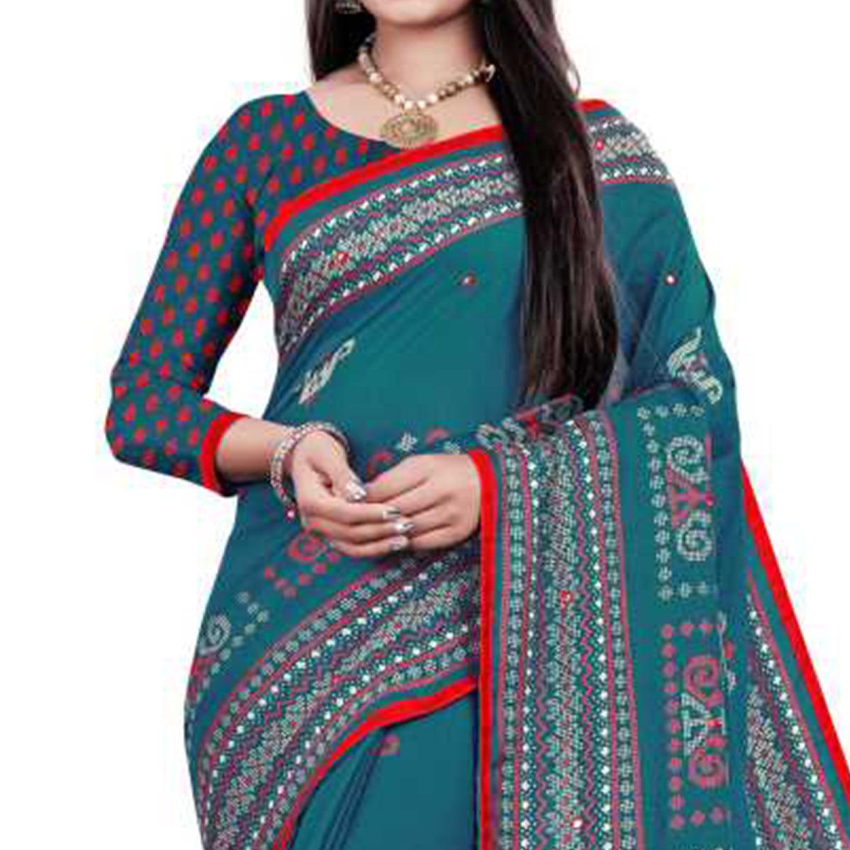 Blue Casual Wear Print With Mirror Work Jute Saree - Peachmode