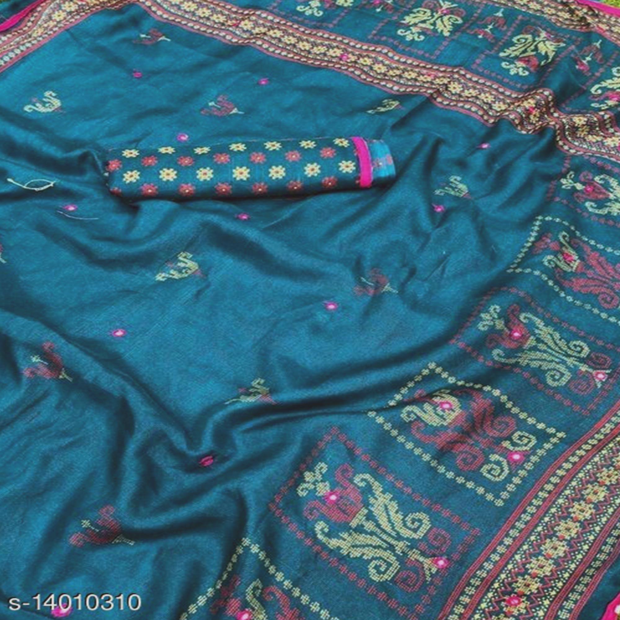 Blue Casual Wear Print With Mirror Work Jute Saree - Peachmode