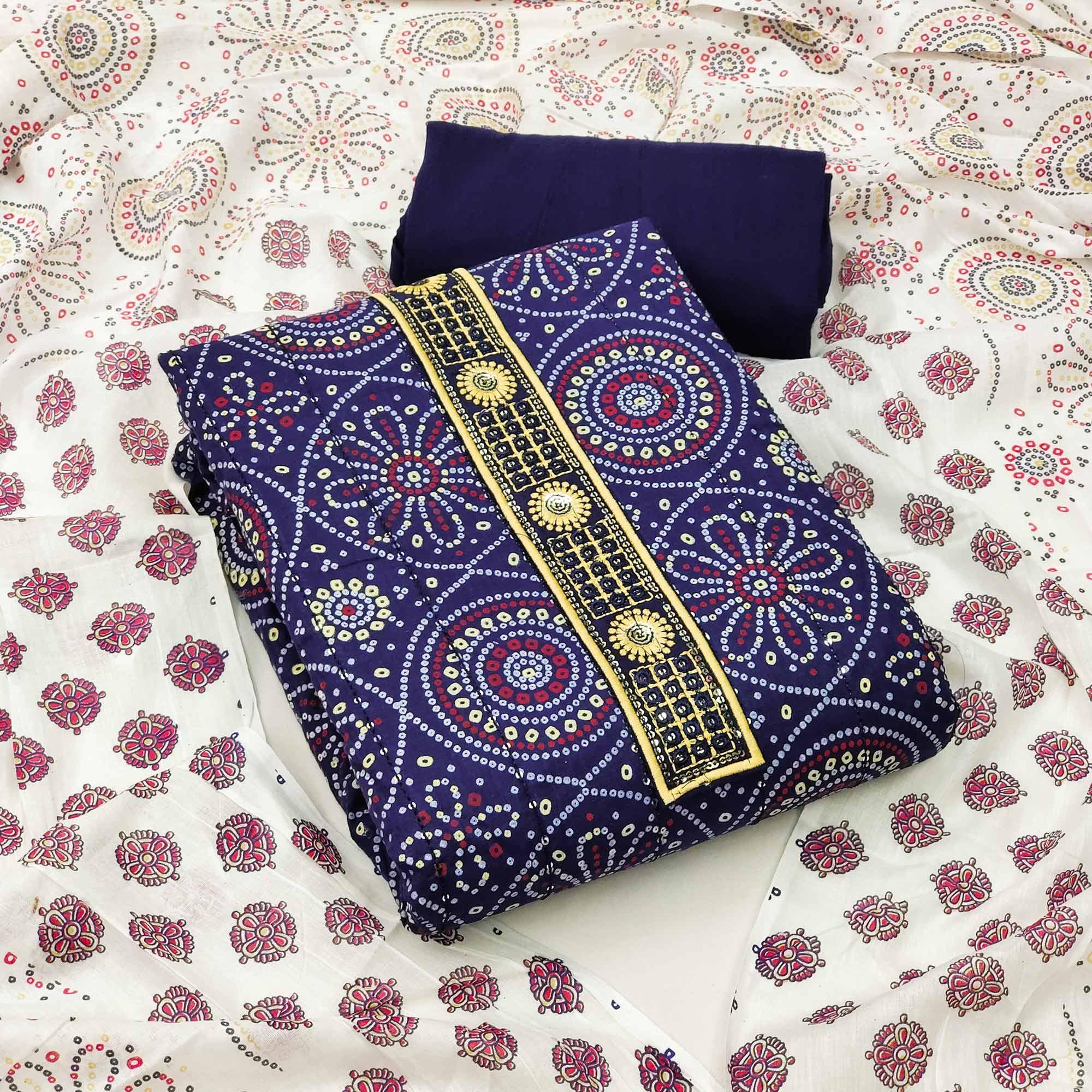 Blue Casual Wear Print With Sequence Embroidered Cotton Dress Material - Peachmode