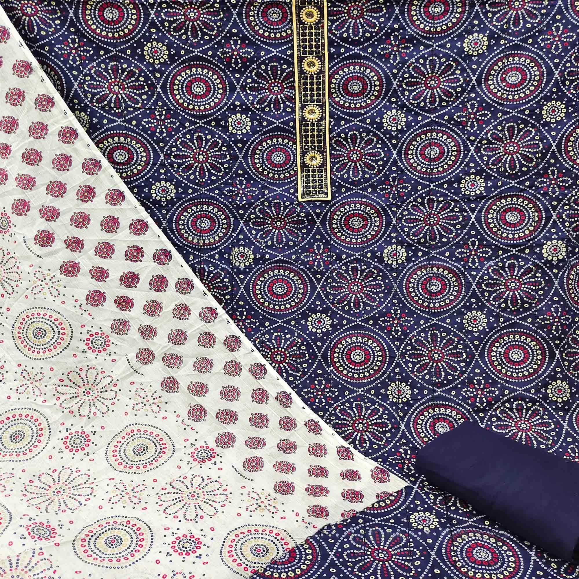 Blue Casual Wear Print With Sequence Embroidered Cotton Dress Material - Peachmode