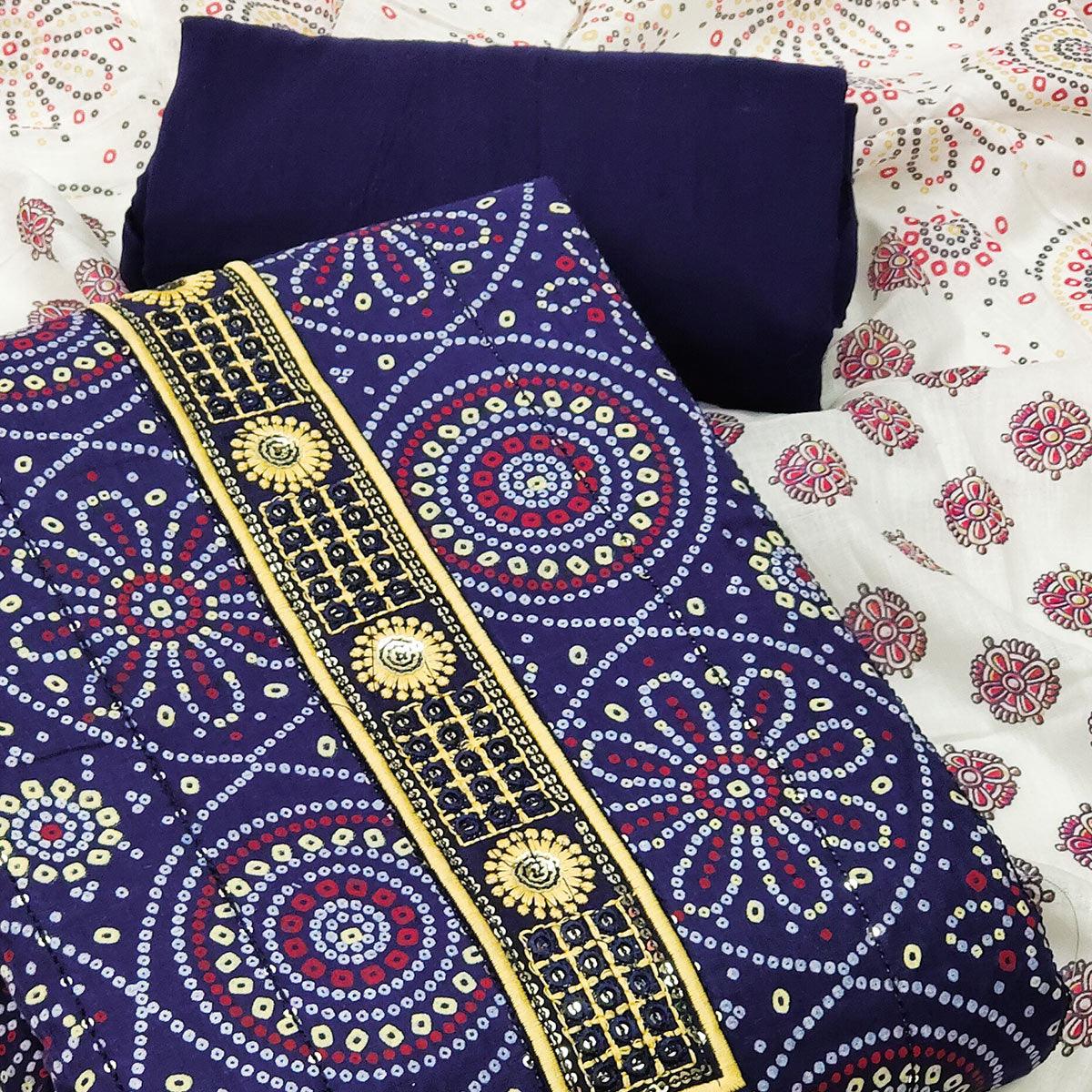 Blue Casual Wear Print With Sequence Embroidered Cotton Dress Material - Peachmode