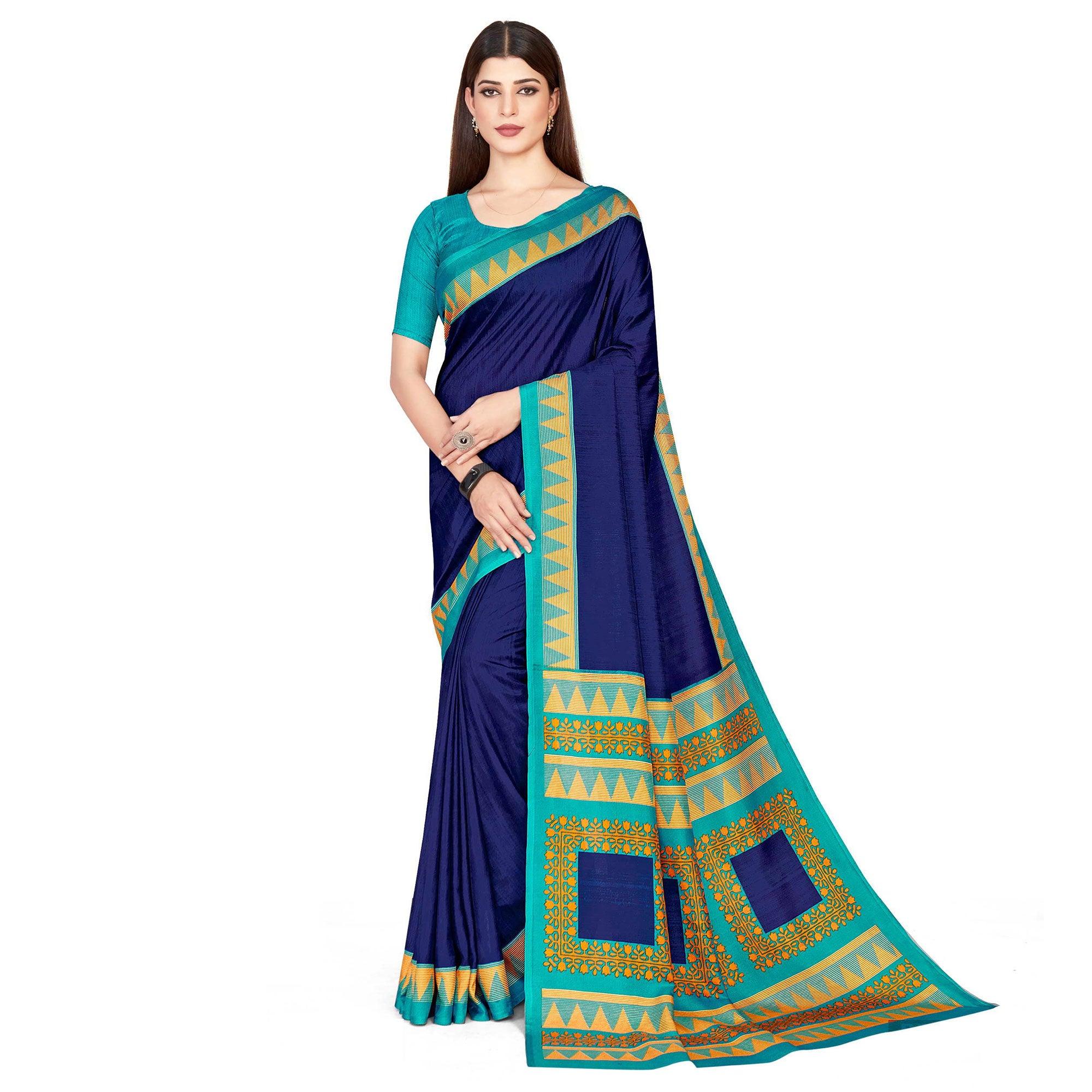 Blue Casual Wear Printed Art Silk Saree - Peachmode