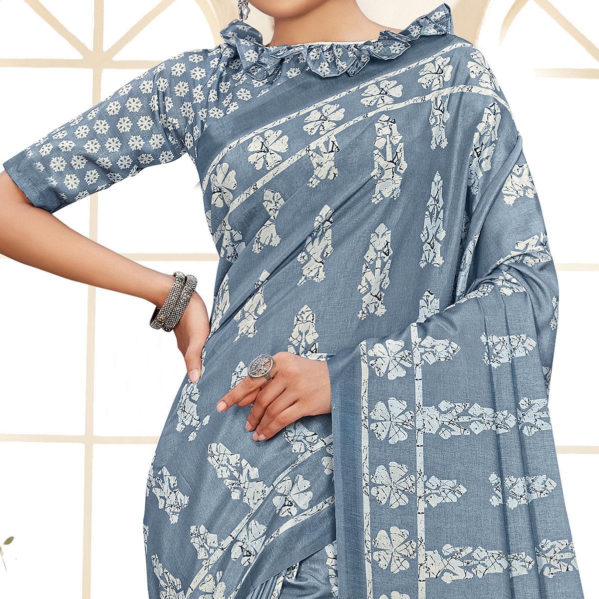 Blue Casual Wear Printed Art Silk Saree - Peachmode