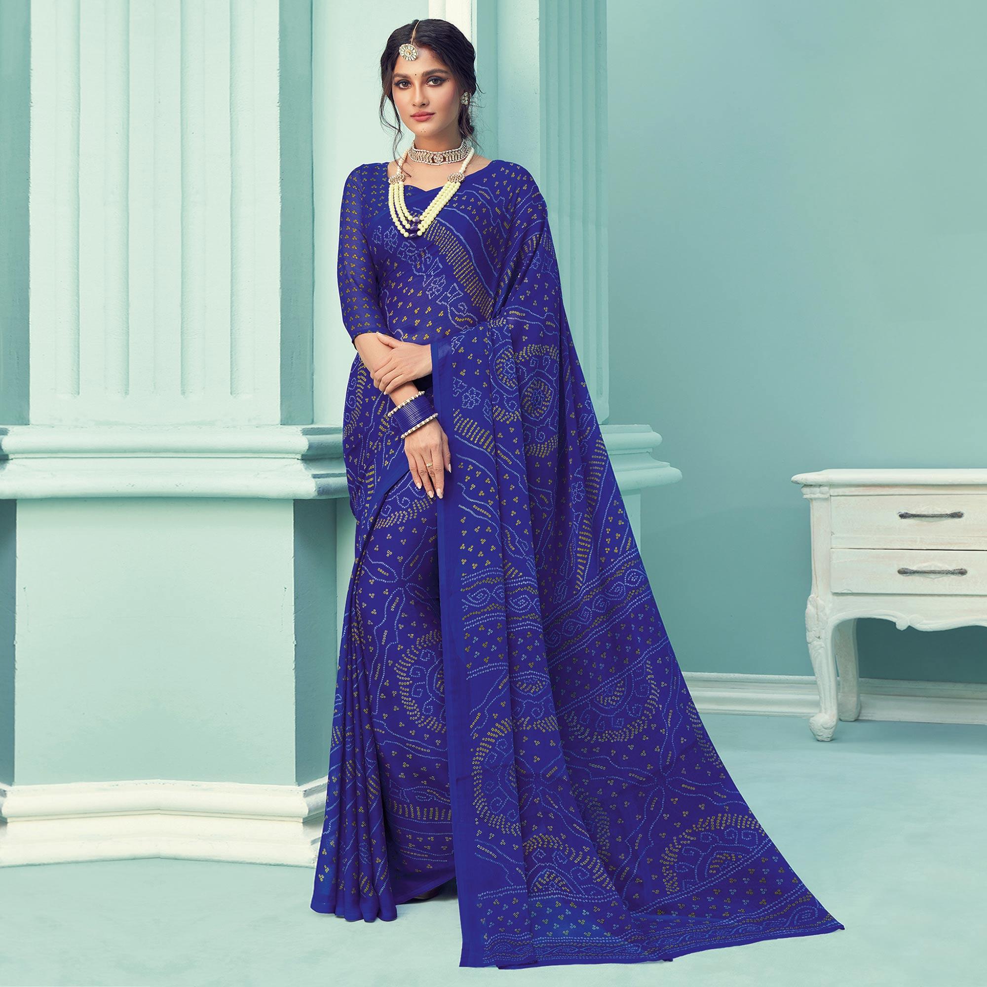 Blue Casual Wear Printed Chiffon Bandhani Saree - Peachmode