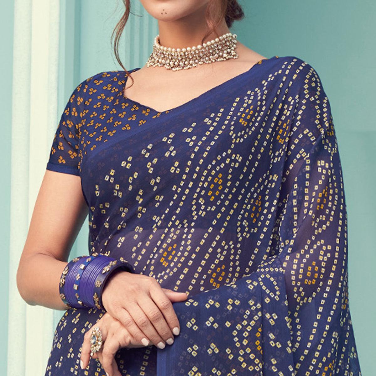 Blue Casual Wear Printed Chiffon Bandhani Saree - Peachmode