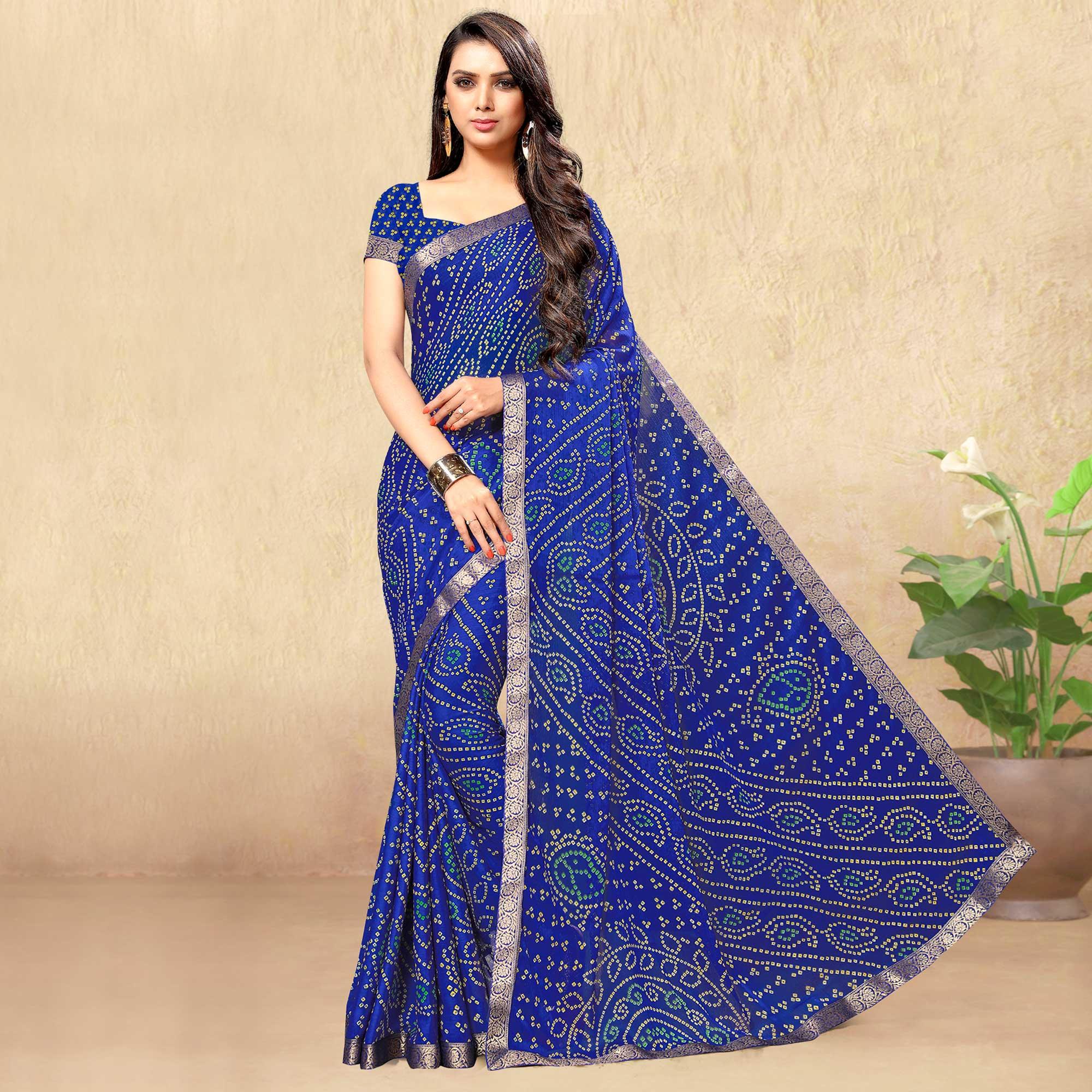 Blue Casual Wear Printed Chiffon Saree - Peachmode