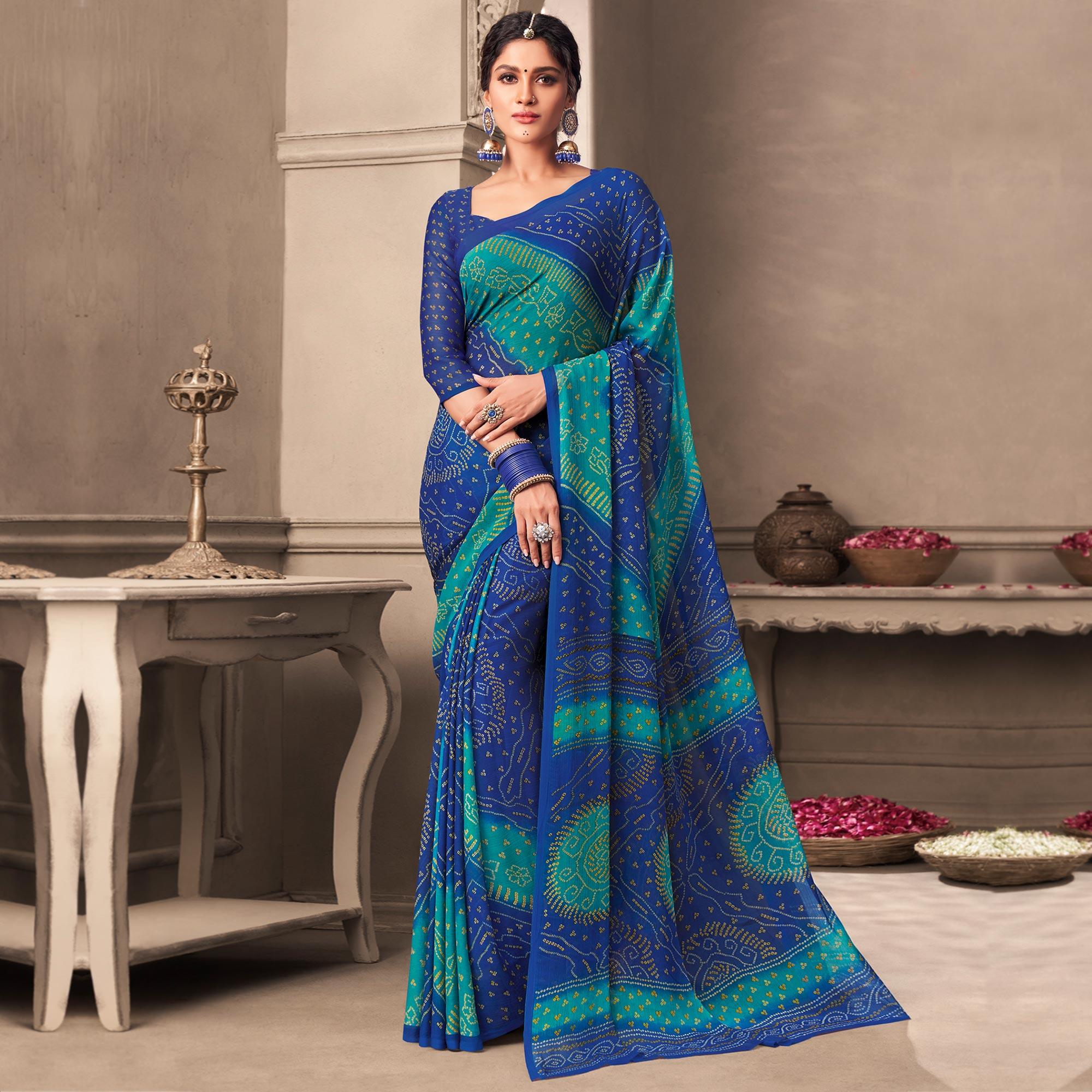 Blue Casual Wear Printed Chiffon Saree - Peachmode