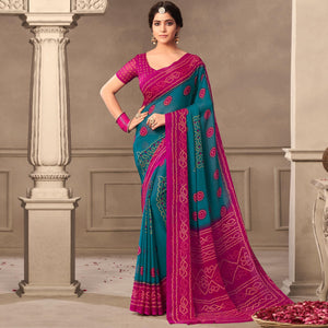 Blue Casual Wear Printed Chiffon Saree - Peachmode