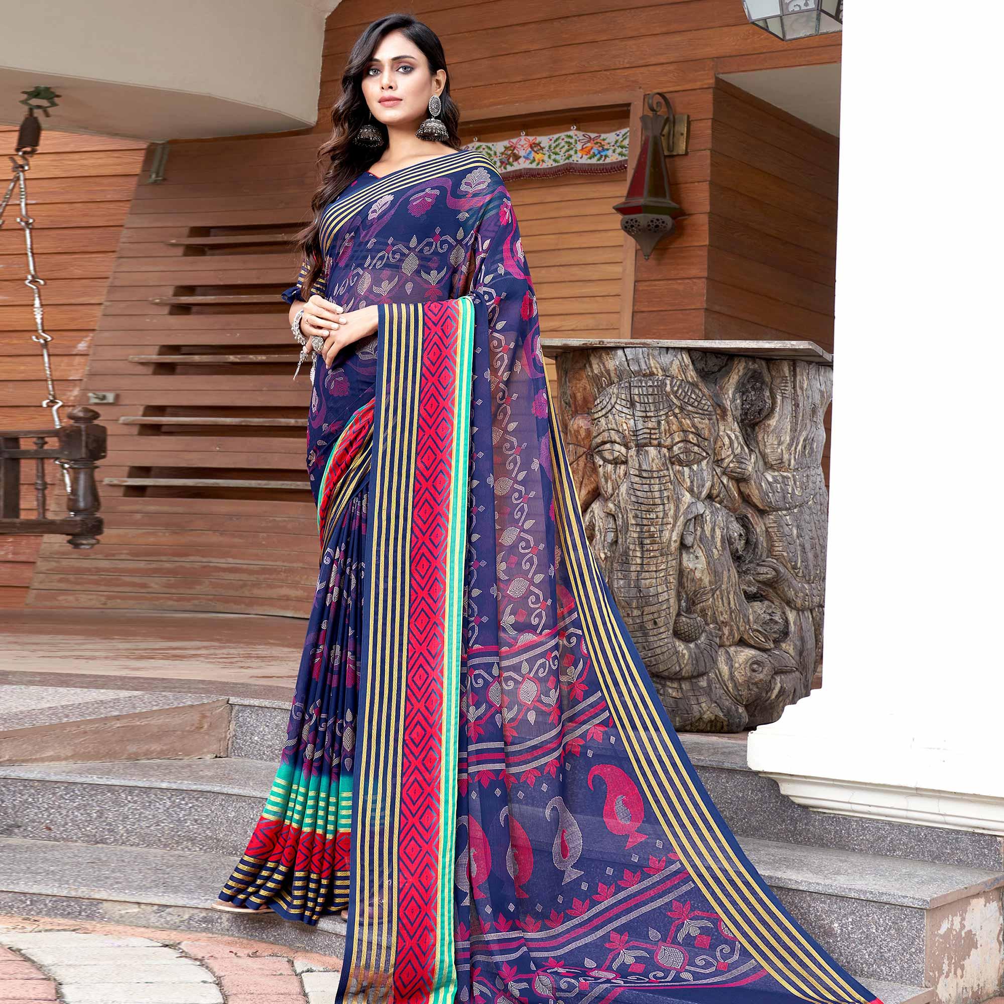 Blue Casual Wear Printed Chiffon Saree - Peachmode