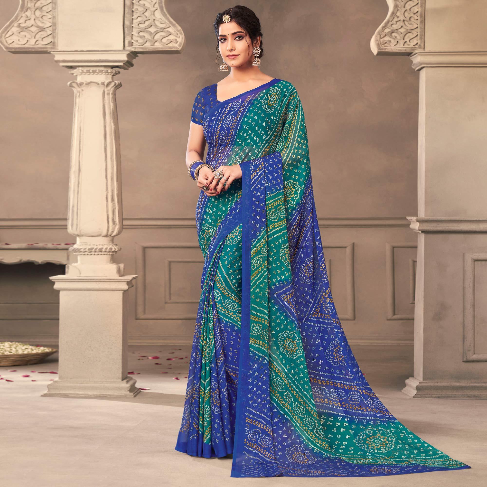 Blue Casual Wear Printed Chiffon Saree - Peachmode