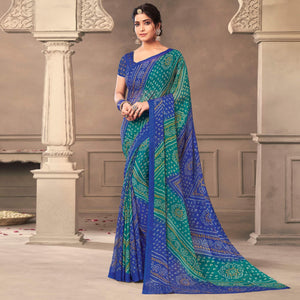 Blue Casual Wear Printed Chiffon Saree - Peachmode