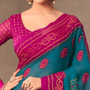 Blue Casual Wear Printed Chiffon Saree - Peachmode