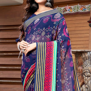 Blue Casual Wear Printed Chiffon Saree - Peachmode
