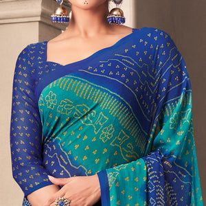 Blue Casual Wear Printed Chiffon Saree - Peachmode